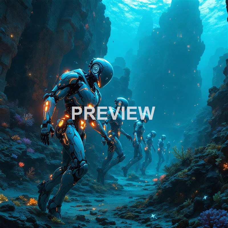 A group of futuristic robots with glowing orange accents walking through an underwater canyon with tall rock formations and colorful coral.